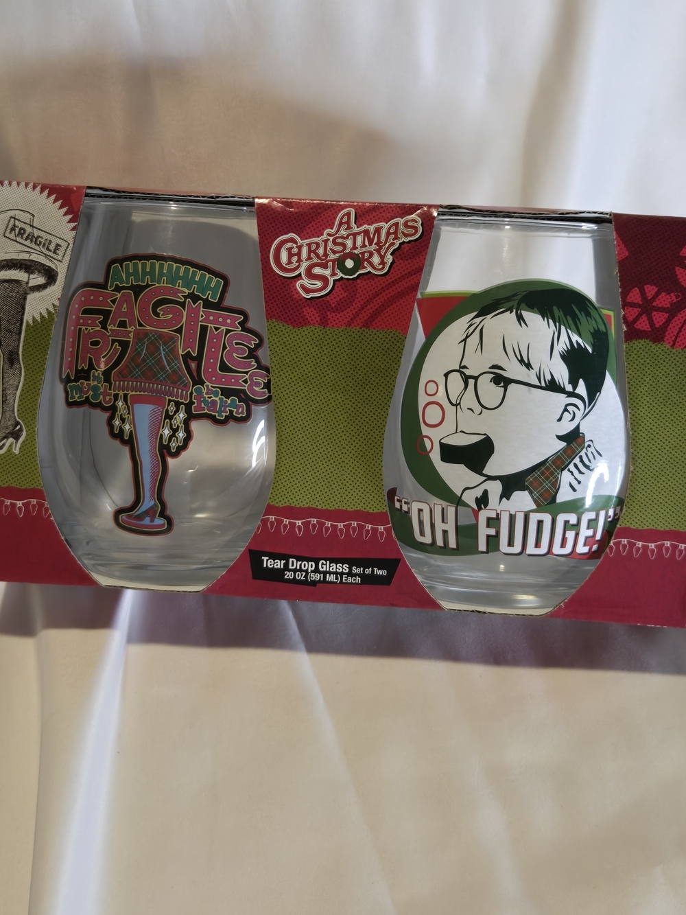 A Christmas Story Set 2 Tear Drop Glass 20oz Oh Fudge Leg Lamp Brand New in Box